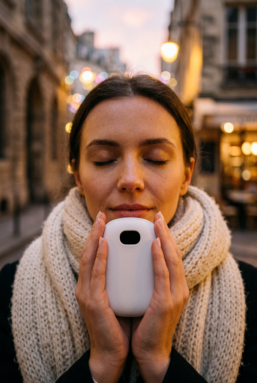 Woman warming her hands with Arctic White NØRVA Heat in the evening city